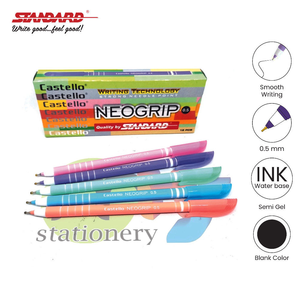 

STANDARD Bolpoin Pulpen Ballpoint Semi Gel Pen Pena Castello Neogrip 0.5 1 Box 12 Pcs