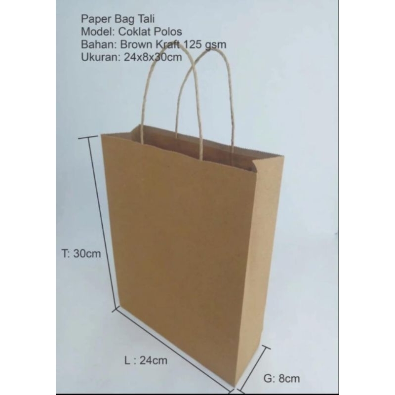 

Paperbag Medium L 24x8x30cm Kantong Kertas Coklat Polos 125 GSM + TALI KERTAS COKLAT/cod pekanbaru riau tas kado ukuran sedang