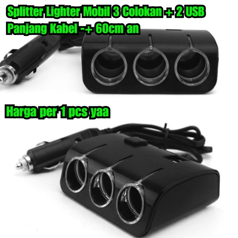 Splitter lighter colokan charger mobil 3 lubang plus 2 usb pengganda colokan cas mobil spliter charg