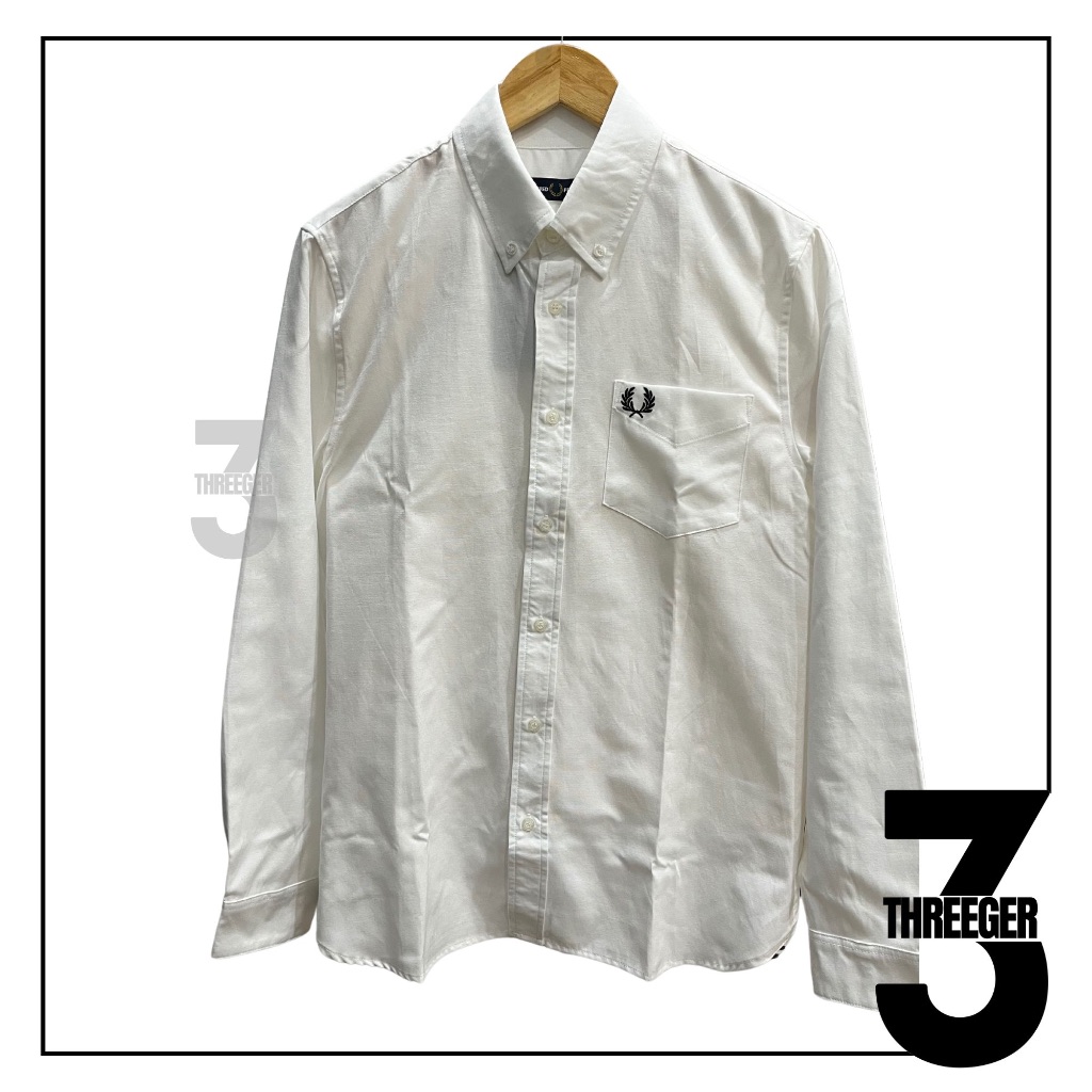 Fred Perry Oxford Brown Logo Long Sleeve Shirt White Original / Kemeja Fred Perry Original