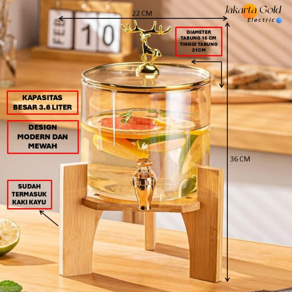 DISPENSER AIR KACA GLASS + KAKI KAYU KAKI BESI 3.6 L 2.6 L POLOS 3600 ML 2600ML MODERN AESTHETIC GOL