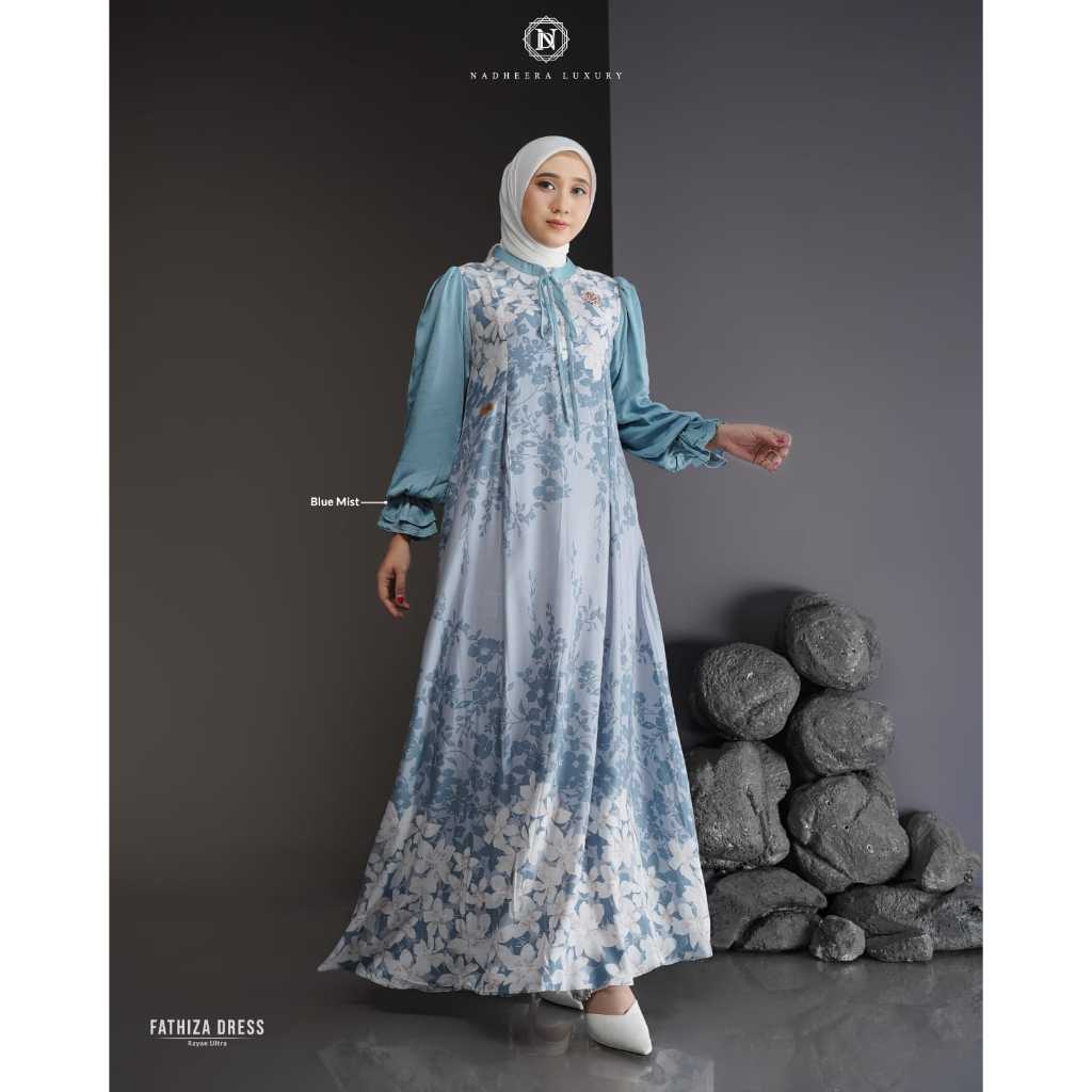 FATHIZA DRESS BY NADHEERA LUXURY / Warna Blue Mist / Gamis Motif Bunga