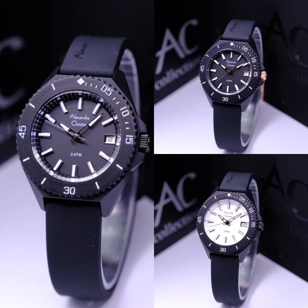 JAM TANGAN WANITA ALEXANDRE CHRISTIE AC 8693 AC8693 BLACK RUBBER