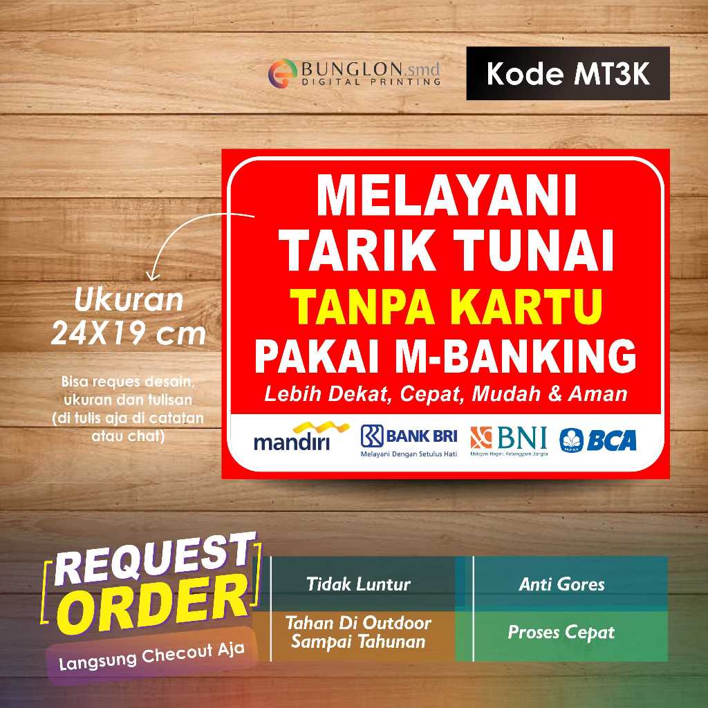 

STIKER MELAYANI TARIK TUNAI PAKAI M BANKNG +LAMINASI KODE MT3K MERAH