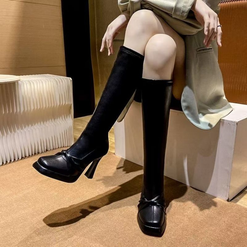 Boots Heels Panjang Winter Selutut Faux Leather Korea Wanita With Zipper B98