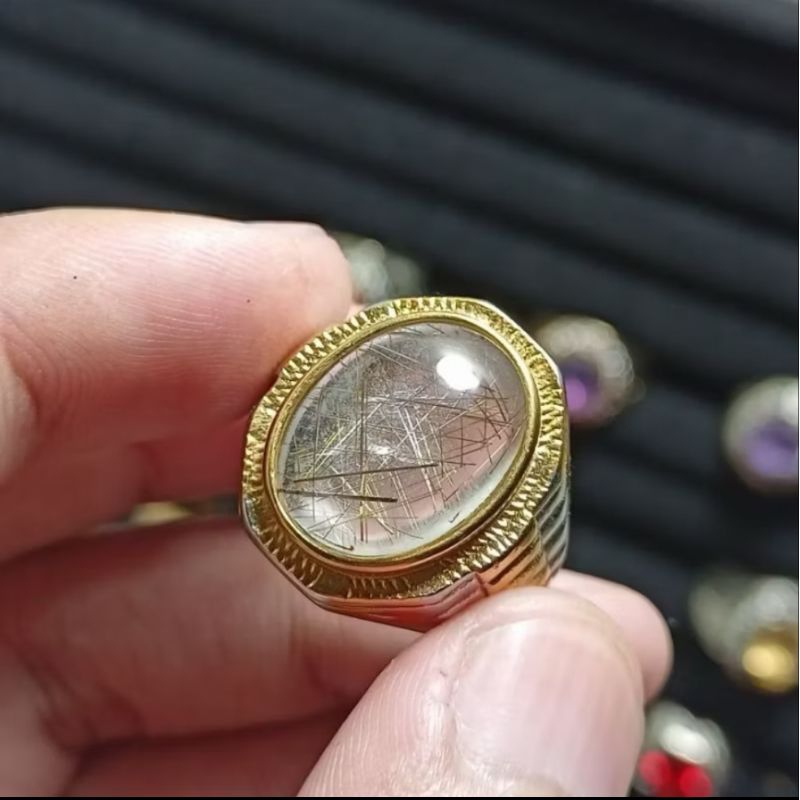 cincin batu akik cendana serat emas top quality ring alpaka - cincin pria