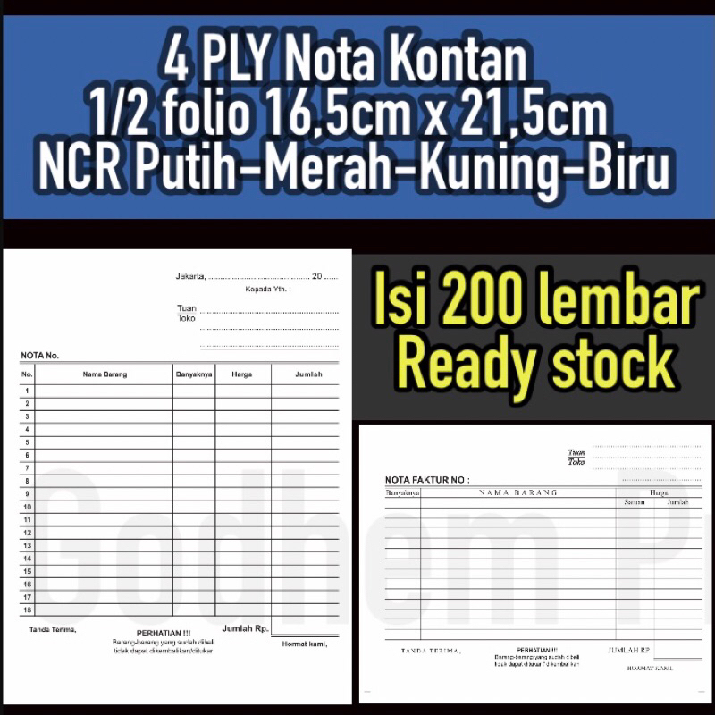 

200 lembar nota kontan Rangkap 4PLy (1/2-1/4-1/3folio