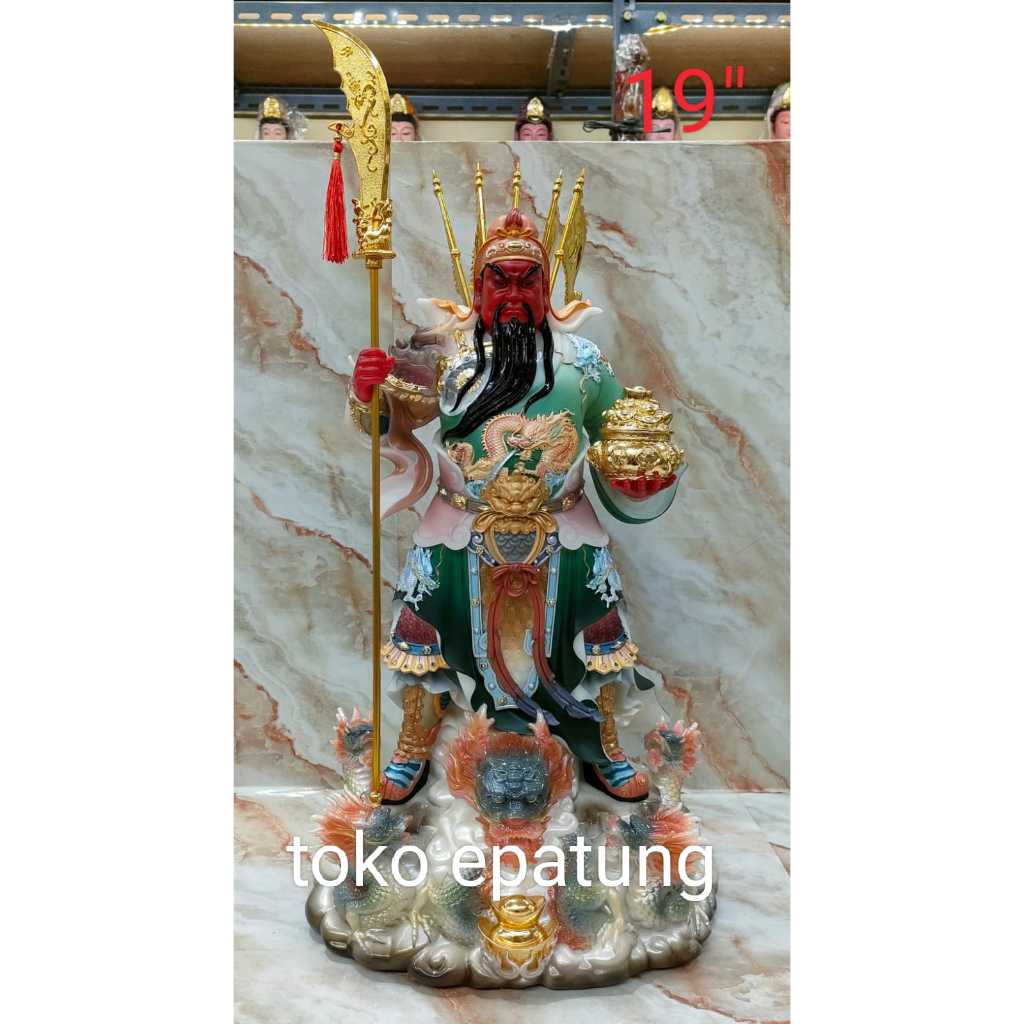 patung dewa kwan kung / kwan kong / kwan te - 19 inch - mamer - 5 bendera - naga - 24
