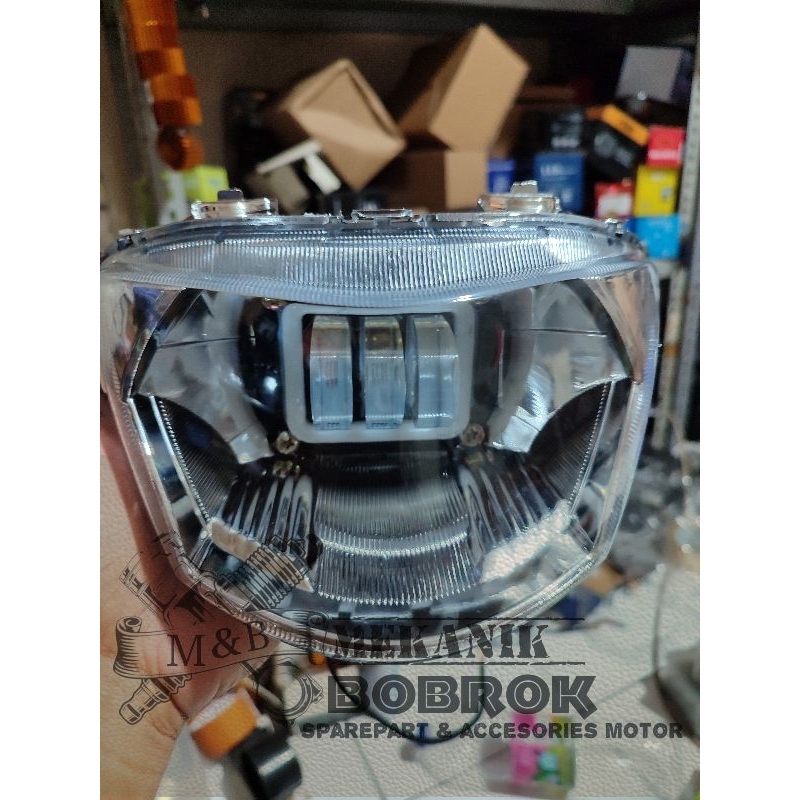 Lampu Depan Led 3 lensa Kotak Biru Mio J Super Terang Full set Tinggal Pasang