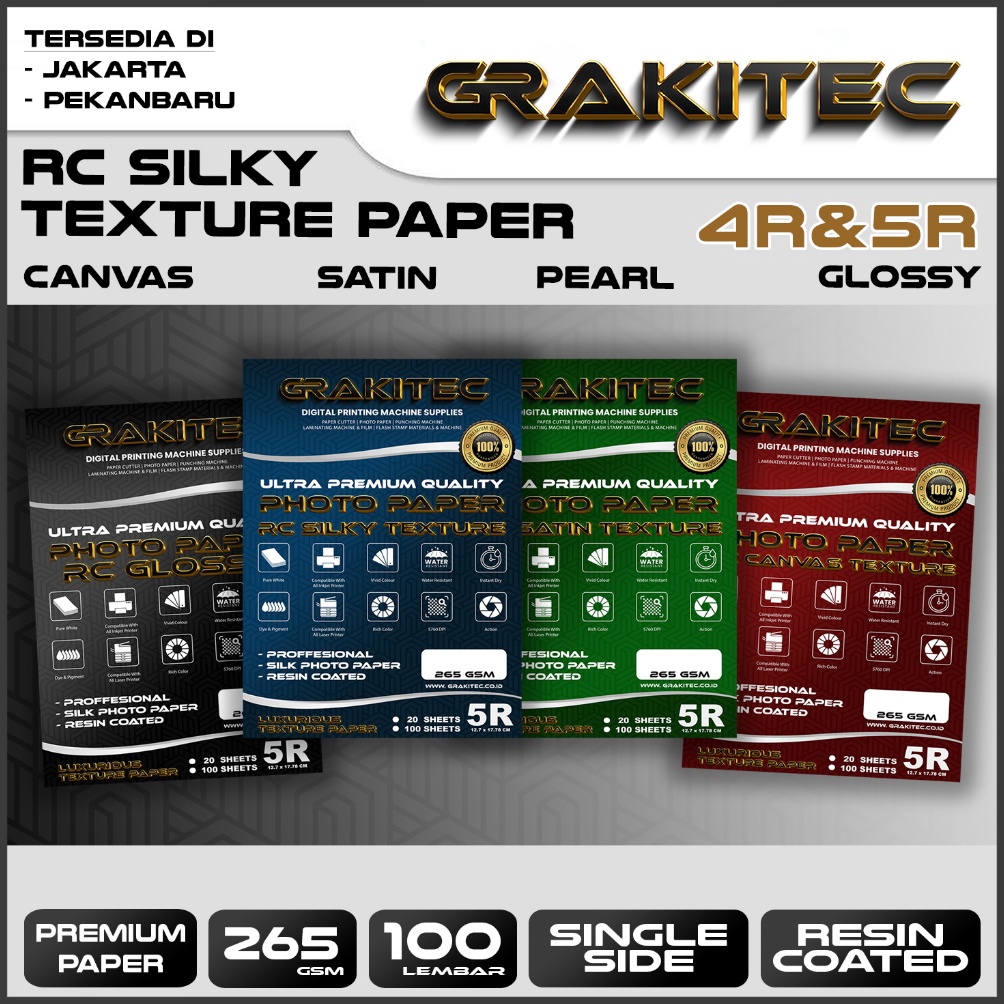 

Laris Grakitec Kertas Foto Silky 5R isi 1 Lembar Texture Kulit Jeruk Doff Professional Silky RC Glossy Photo Paper Motif Pearl Canvas Satin Luster Resin Coated G59