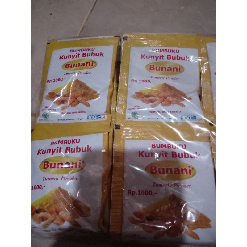 

Kunyit Bubuk Tumuric Powder BUNANI 1 renceng isi 12(harga perpc 1000)