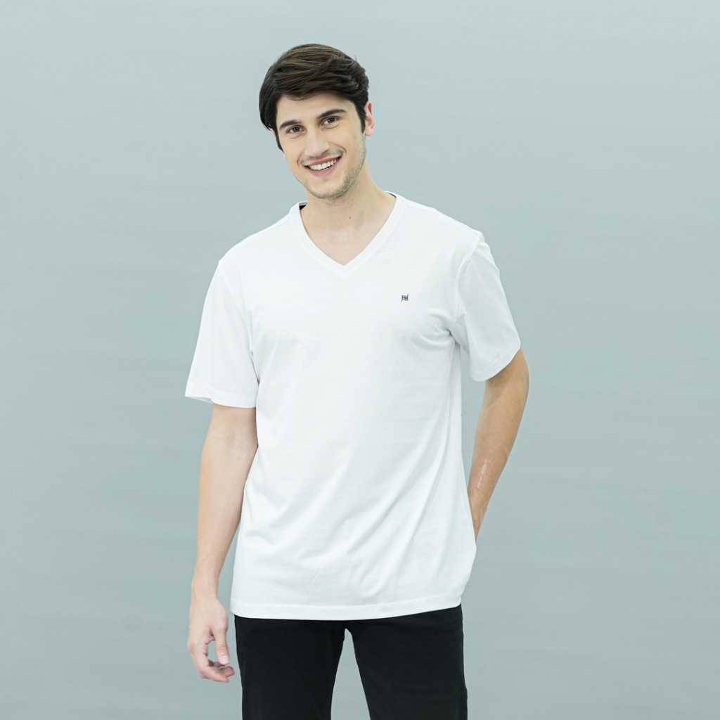 Johnwin - Kaos Pria - Kaos Polos Warna - Kaos Supima 30's - V Neck - Slim Fit - White - Free keychai