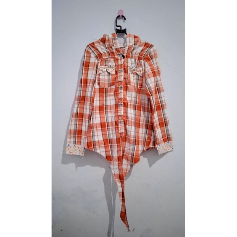 preloved atasan kemeja kotak oren orange hoodie kupluk topi kutung brand salestock hitam motif daun 