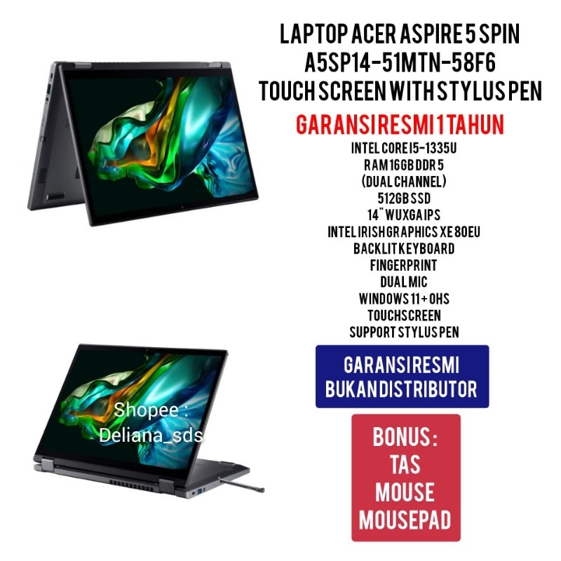 Laptop Acer Spin A5SP14 51MTN 58F6 Touchscreen With Stylus Pen Intel Core I5-1335U 16GB/512GB SSD 14