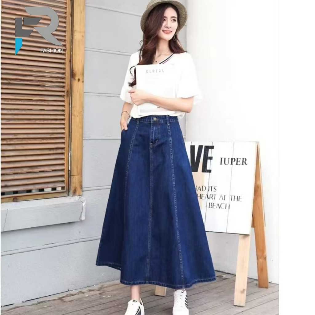 Jisso rok jeans mayung premium Wanita A- Line 7/8 Model Payung Pinggang Karet - Rok Wanita Hihgwaist