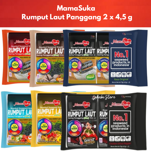 

MamaSuka Rumput Laut Panggang 2 x 4,5 Gram Original , Barbeque , Spicy , Ghost Pepper , Jagung Bakar , Telur Asin