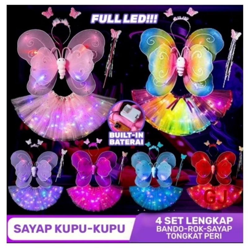 sett 4in1 SAYAP PERI KUPU KUPU LED SAYAP TONGKAT BANDO ROK TUTU LED BERCAHAYA/ SAYAP PERI set kupu k