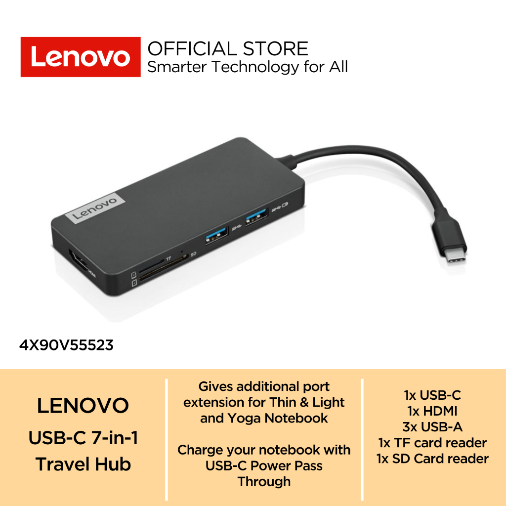 Lenovo USB-C Travel Hub 7in1 4X90V55523 Type C power pass through USB-A TF SD Card reader HDMI subst
