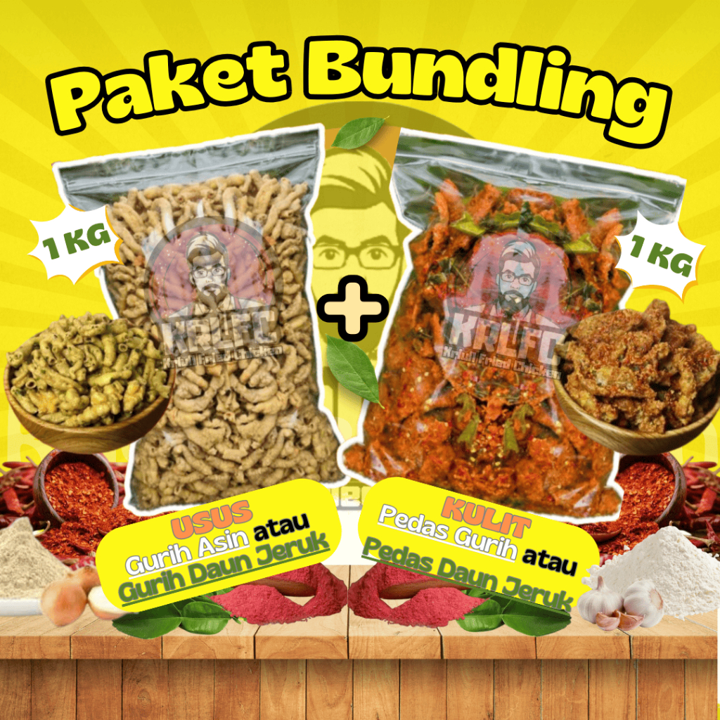 

PAKET BUNDLING UKURAN 1KG KULIT CRISPY & USUS CRISPY GURIH ASIN DAUN JERUK PEDAS BALADO