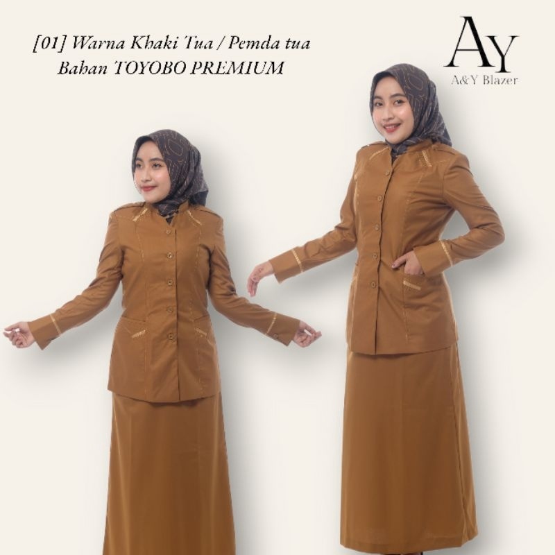 1 AY Blazer Baju Seragam PDH Guru PNS Wanita Warna Khaki Tua  Khaki Muda BAHAN TOYOBO  SEMIWOL Serag