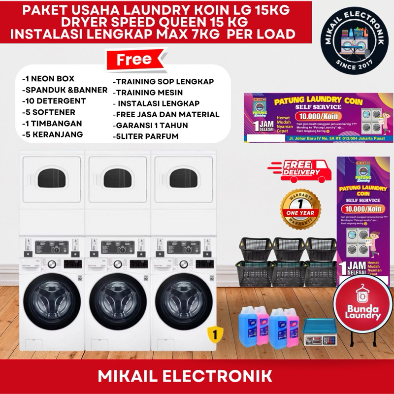 PAKET LAUNDRY KOIN  MESIN CUCI LG 15 KG DRYER SPEED QUEEN 15KG 3 STACK