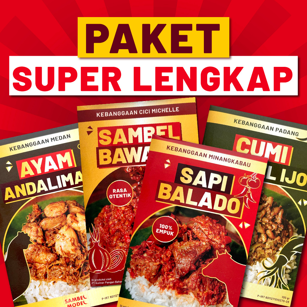 

SAMBEL MODEL [KEMASAN BARU] - Paket Sambel Lengkap [4 in 1] Sambel Sapi Balado Dan Favorite Ci Michelle Sambal Lauk HALAL Tahan Lama Sambel Cumi Jahat Sambal Cumi Pedas Sambal Saset Sambal Kaleng Sambal Mercon Sambal Balado Sambal Hijau Sambal Daging