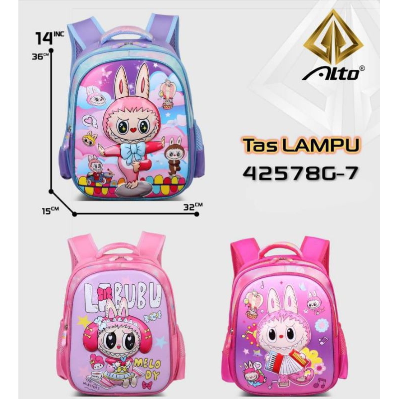 Tas Import karakter Labubu by Alto Anak Sekolah TK Perempuan Ada  Lampu Led[Ukuran TK]