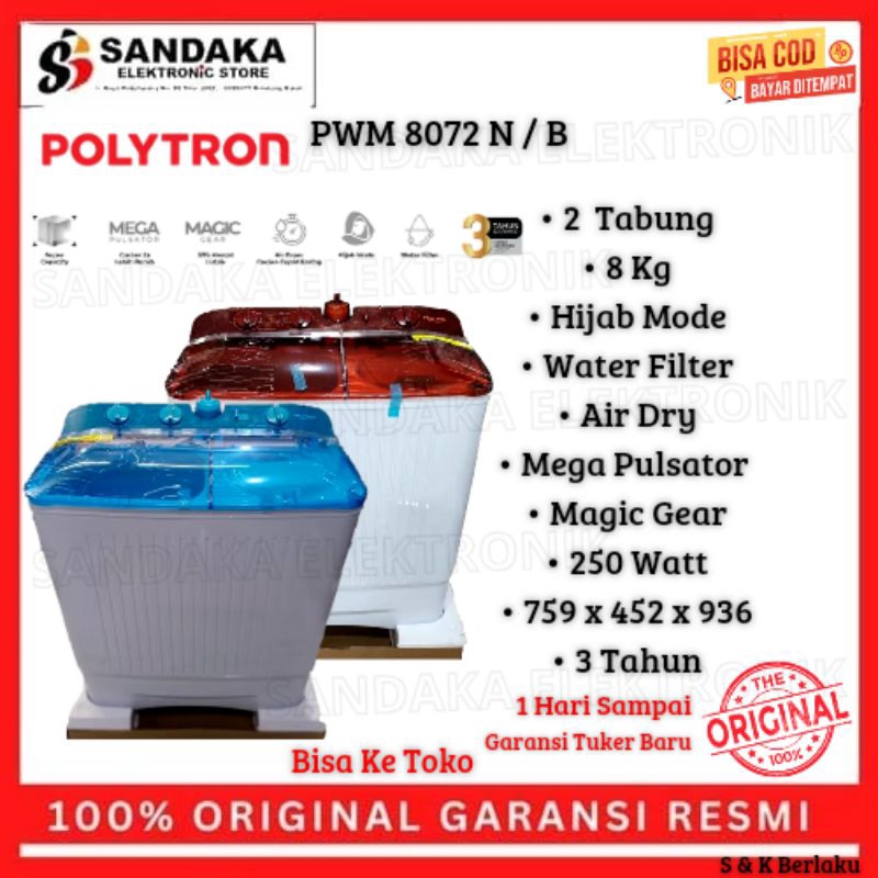 mesin cuci 2 tabung 8kg Polytron low watt PWM 8072 garansi resmi promo