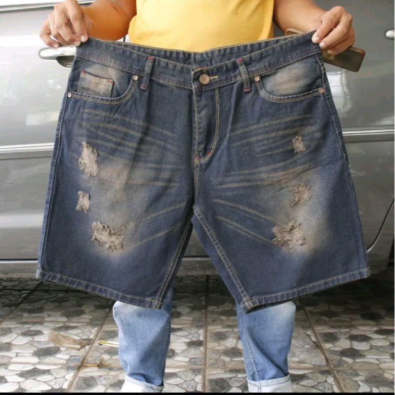 PROMO Celana Pendek Pria Sobek Surfing Distro Premium Celana -Jeans Denim Ripped Sobek Pendek Pria J