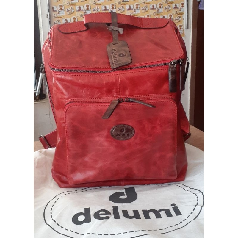 Ransel/Backpack tas kulit asli Delumi,ransel kulas,Backpack domo mezzo M red (PreLove)