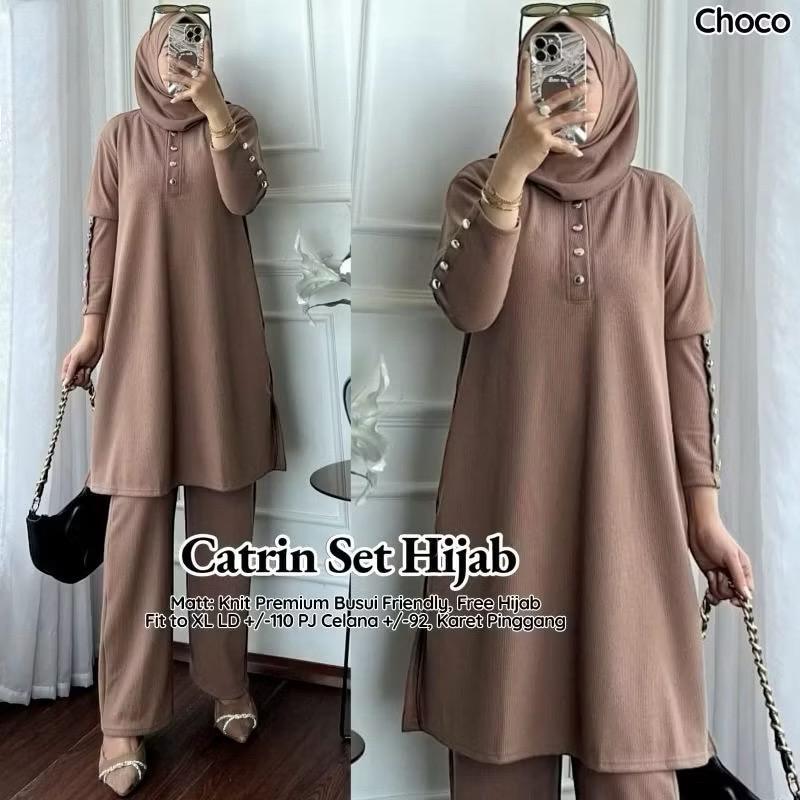ONE SET + HIJAB CATRIN TUNIK RIB KNIT KANCING AKTIF BUSUI FRIENDLY // SET TUNIK POLOS // ONE SET BUS