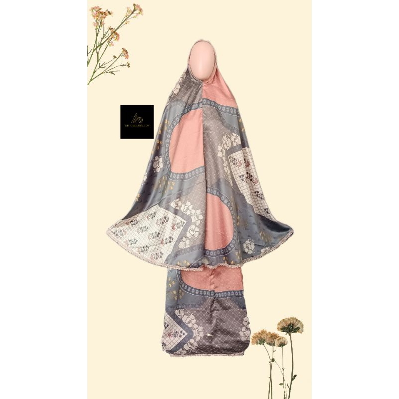 MUKENA ABAYA + TAS 2IN1 TRAVEL DEWASA SILKY PREMIUM NEW SERIES MOTIF BATIK BUNGA  MEWAH BAHAN RAYON 