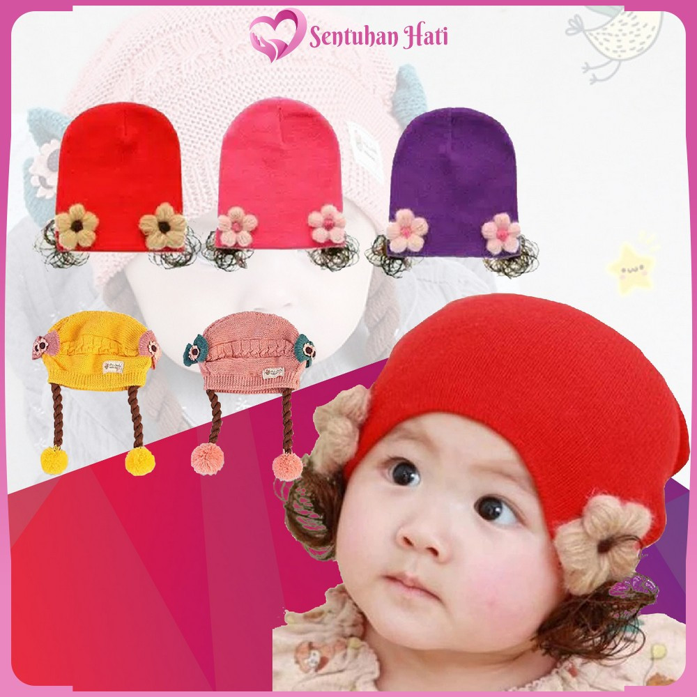 Baby Hat Kepang Rambut Palsu Kuncir 2 Anak Lucu / Topi Rambut Palsu Lucu Anak Model Tinggi / Kupluk 