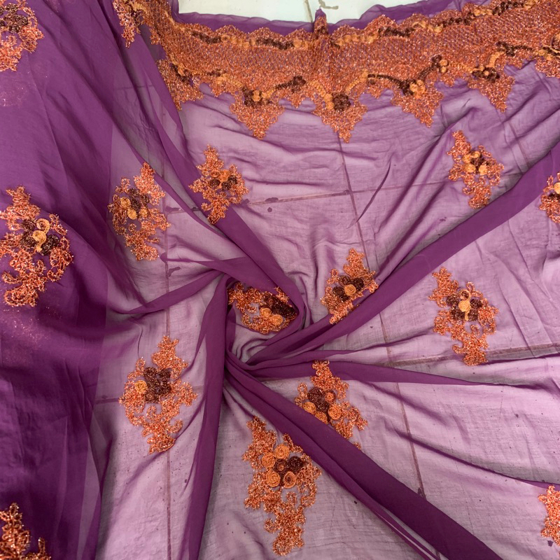 kain sifon sari india antik - kain sifon bordir indian - kain sifon sari india  [ WARNA DASAR UNGU ]