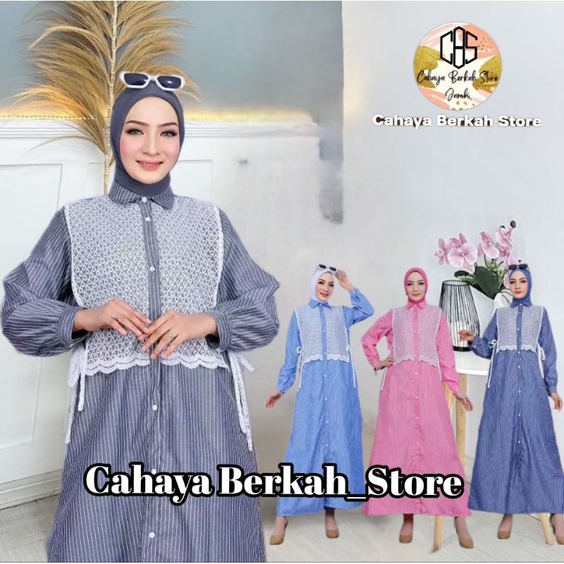 Tunik Midi dress Ful kancing Kombinasih Salur burkat/Tunik wanita Motif salur Kekinian/Dress Tunik B