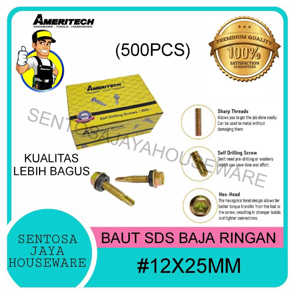 (500PCS) 12X25MM BAUT SDS AMERITECH / BAUT BAJA RINGAN SDS 12X25MM / SKRUP ROOFING ATAP BAJA RINGAN