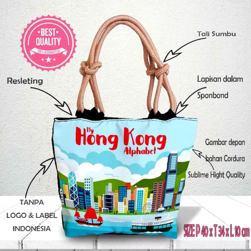 Totebag Tas Wanita Tali Sumbu printing Motif Negara [Hongkong]