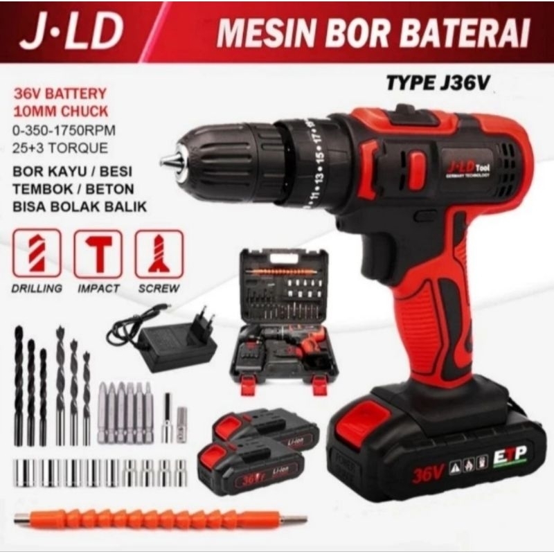 Mesin Bor Baterai JLD-36V Impact Drill Cordless 2 Batery Fullset