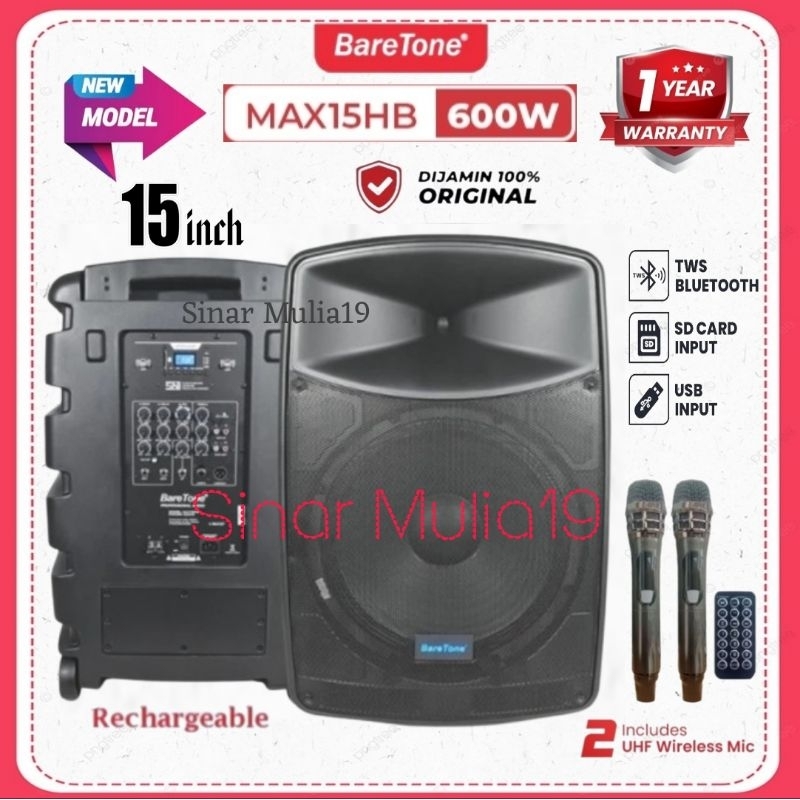 BareTone MAX15HB Speaker Portable Aktif 15 Inch Power 600 Watt Bluetooth TWS - MP3