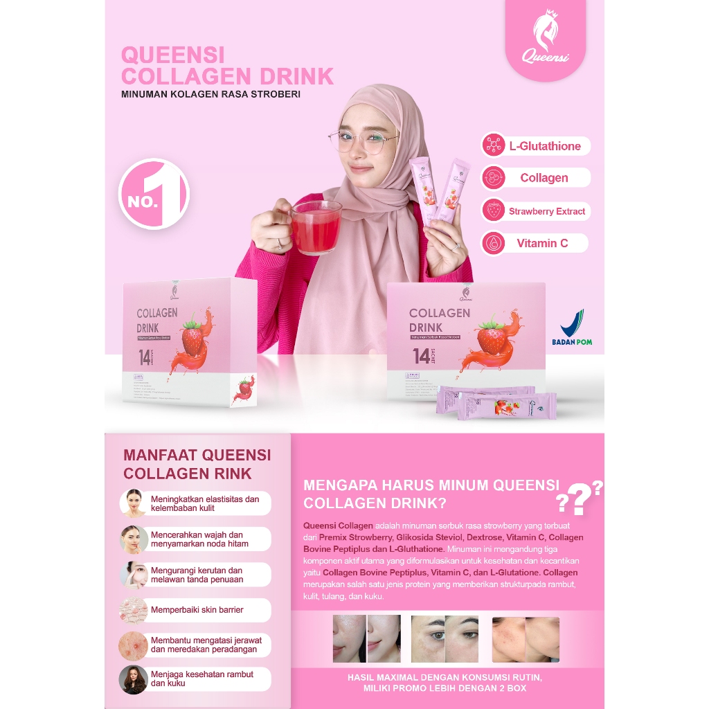QUEENSI COLLAGEN DRINK - 1 Box Isi 14 Sachet Suplemen Pemutih Kulit BPOM Queensi Collagen Drink