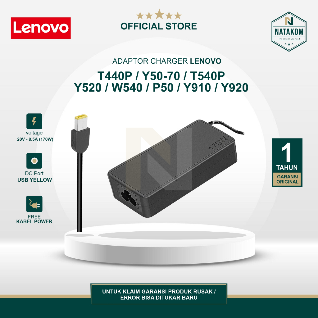 ADAPTOR CHARGER ORIGINAL LENOVO T440P Y50-70 T540P Y520 W540 P50 Y910 Y920 8.5A 170W FREE KABEL POWE