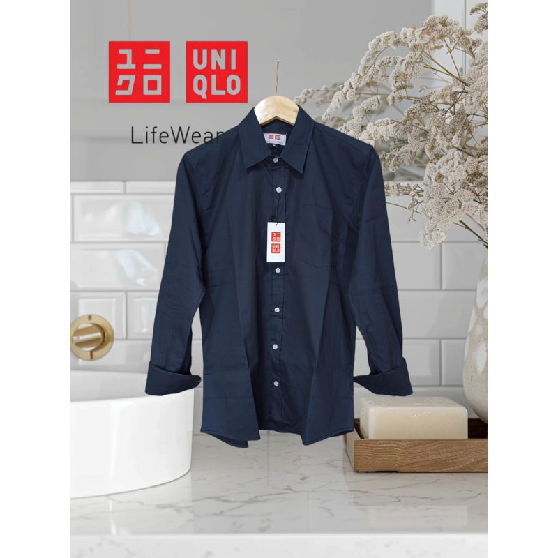 Kemeja Pria Polos UNIQLO Lengan Panjang baju Kemeja Hitam Polos Kemeja Cowok Katun polos