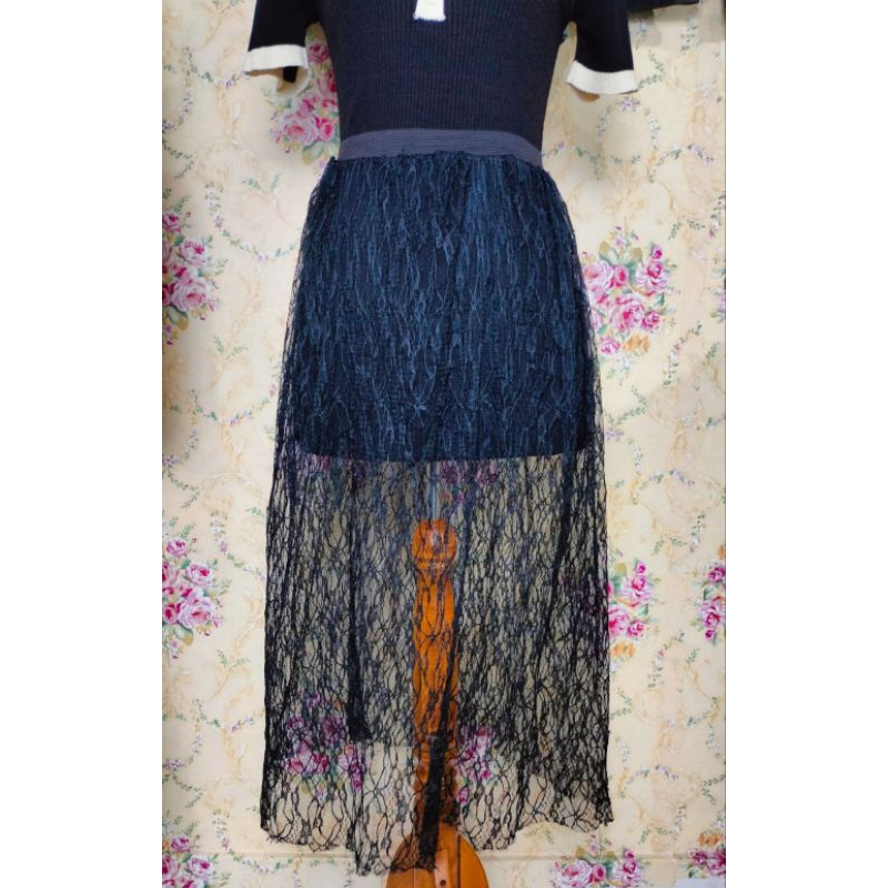 Rok Midi Hitam Tulle//Rok Tutu Renda Motif Import//Rok Panjang Jala Renda Seksi Wanita