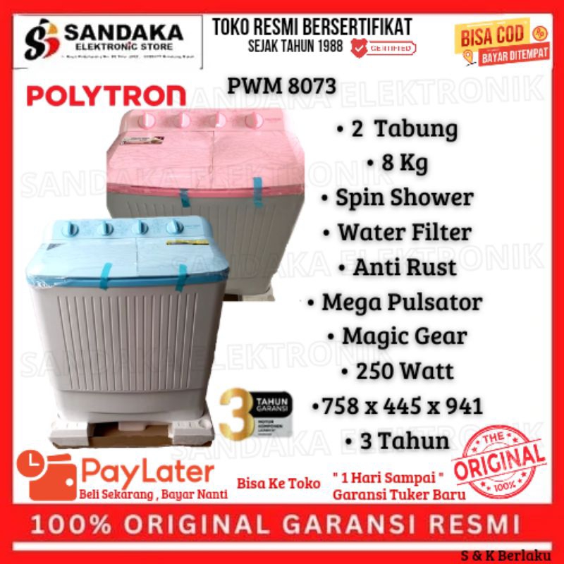 mesin cuci Polytron 8 Kg 2 tabung low watt garansi resmi pwm 8073 promo