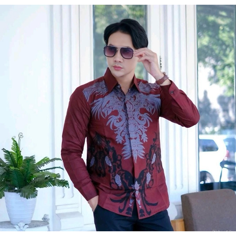 Baju Kemeja Batik Slimfit Lengan Panjang Pria Merah Marun LapisPuring
