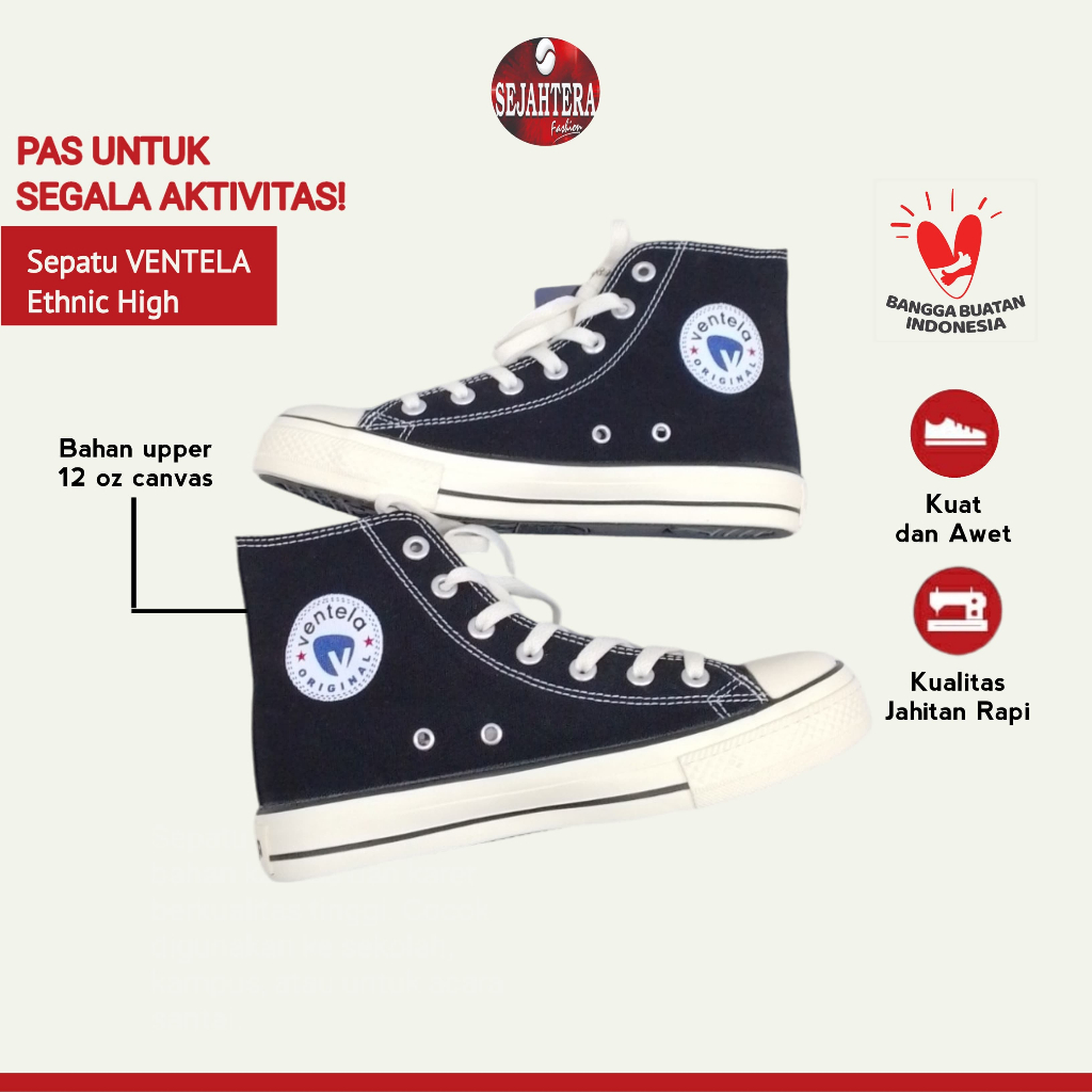 Sepatu VENTELA Ethnic HC / High Cut / Tinggi Hitam Putih Sepatu Sekolah Kuliah Kerja