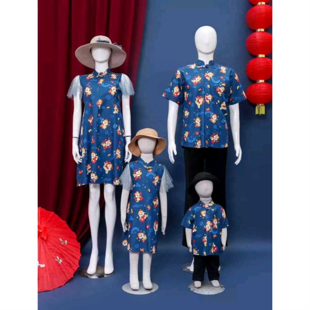 DRESS CHEONGSAM KEMEJA COUPLE KELUARGA SERAGAM TAHUN BARU IMLEK / SET FAMILY PASANGAN IMLEK BLUE SNA