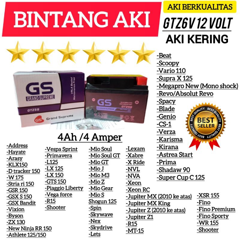 AKI MOTOR GS Grand Supreme Aki kering Accu kering GTZ5S 12 Volt 4 Ah / 4 Amper