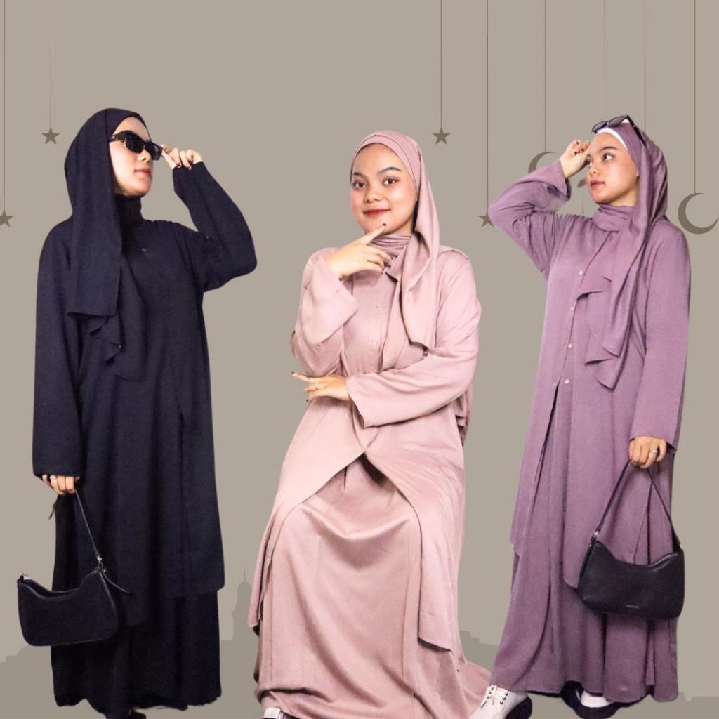 Sinapatiofficialstore - Hijab Tunik Millo, Mauve, Hitam Set Motif Polos ( Tunik Kemeja + Rok + Kerud