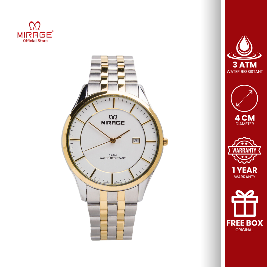 Mirage Jam Tangan Pria Original Tahan Air Garansi 1 Tahun Silver Gold 8544 M Analog Stainless Steel